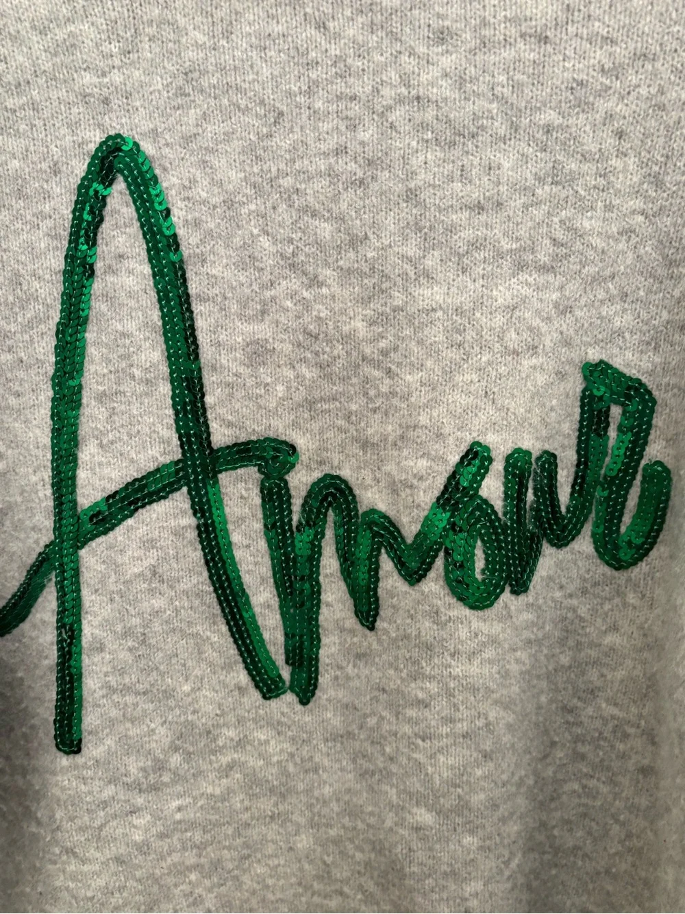 a new day Gray Sweater with Green Sequin "Amour" Script XS - Picture 2 of 5